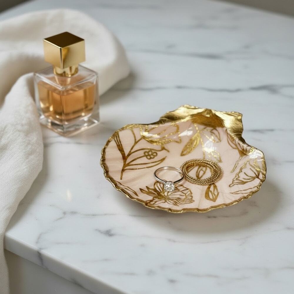 Pink Gold Floral Shell Trinket Dish Ring Dish Blush Glam Gift